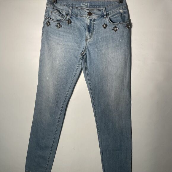 LOFT Relaxed Skinny Jeweled Jeans Pants in Horizon Blue Wash Size 26/2 - Picture 4 of 10